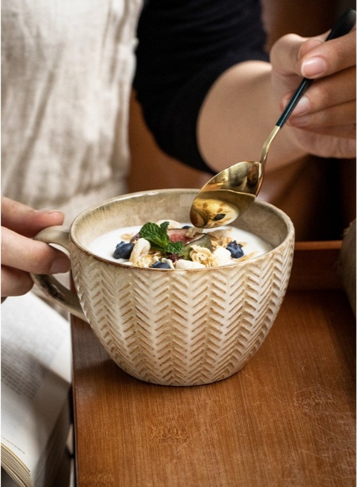 400ml Handcrafted Herringbone Embossed Ceramic Mug Rustic Yellow Coffee Cup with Textured Design Dishwasher & Microwave Safe Ideal for Morning Coffee Tea and Modern Farmhouse Kitchen Tableware - Image 2